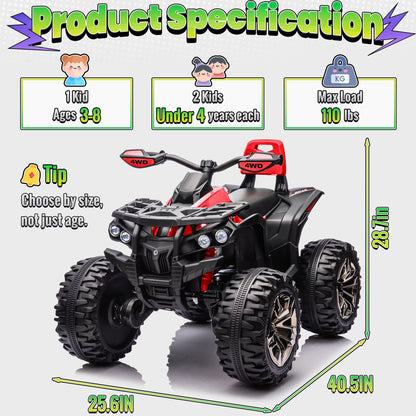 4WD ATV for Kids, 24 Volt Ride on Toys, Power ATV Wheels with 800W Motor, Remote, Bluetooth Music, Horn, LED for Big Kids Gift, Red