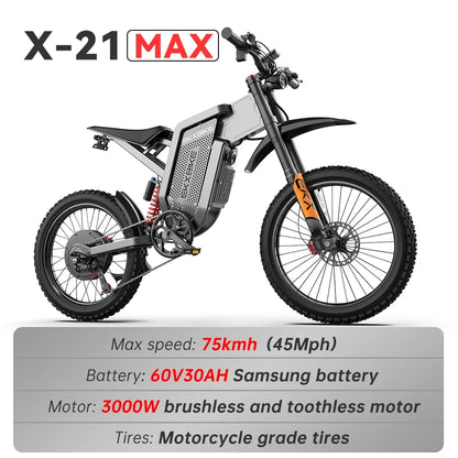 EKX X21 MAX Electric Moutain Dirt Bike for Adults,3000W (Peak 6000W) 45MPH 60V 30AH Removable Samsung Battery E-Bike,19"X2" Offroad Tire Electric Motorcycle Bicycle 7 Speed Full Suspension UL2849
