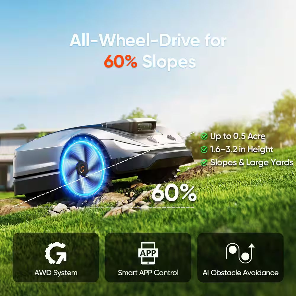 X5 Wireless 8 In. Robot Lawn Mower (0.5 Acre) with AWD, RTK Navigation, AI Obstacle Avoidance and App Control
