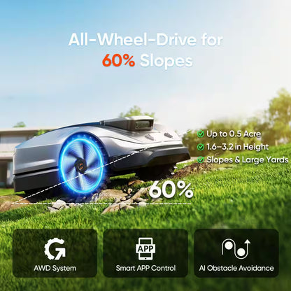 X5 Wireless 8 In. Robot Lawn Mower (0.5 Acre) with AWD, RTK Navigation, AI Obstacle Avoidance and App Control