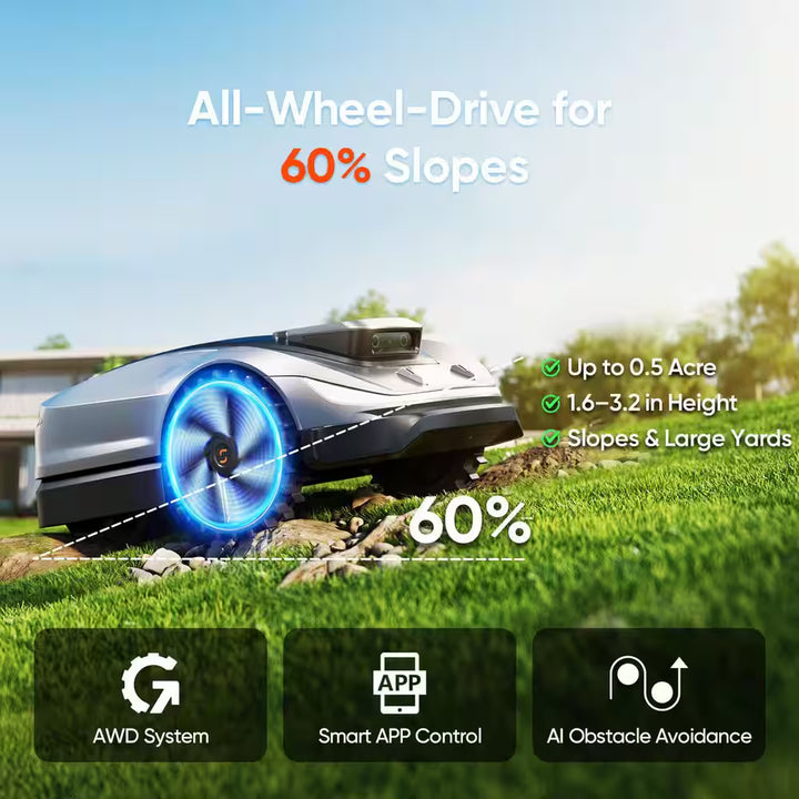 X5 Wireless 8 In. Robot Lawn Mower (0.5 Acre) with AWD, RTK Navigation, AI Obstacle Avoidance and App Control