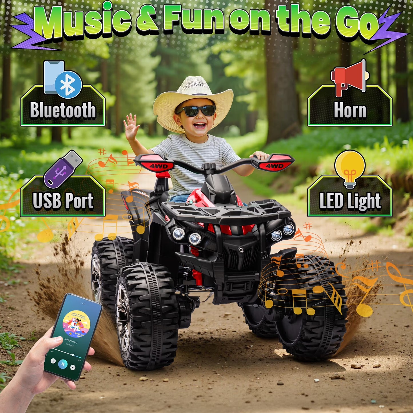 4WD ATV for Kids, 24 Volt Ride on Toys, Power ATV Wheels with 800W Motor, Remote, Bluetooth Music, Horn, LED for Big Kids Gift, Red