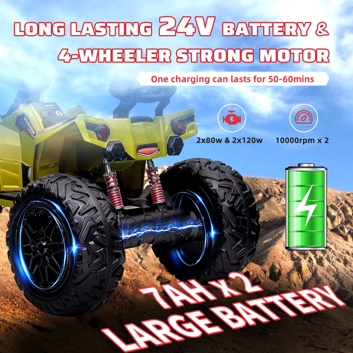 Kids Electric ATV 24V Ride on Car Toys Powerful 4X80W 2X7Ah Battery Long Playtime Bluetooth Music Player LED Light EVA Tires