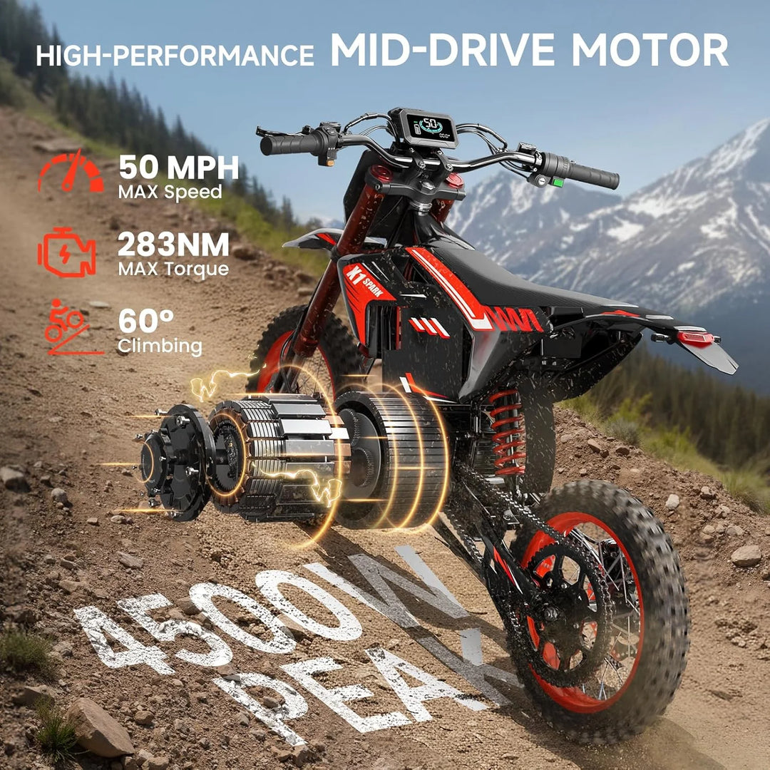 Electric Dirt Bike for Teens Adults, 4500W Peak Ebike, 60V 28.8Ah with 50MPH &amp; 60 Miles Electric Mountain Bikes, 14"/12" Off-Road Tire E-Bike, Dual Hydraulic Brakes, Full Suspension, UL2849 Compliant