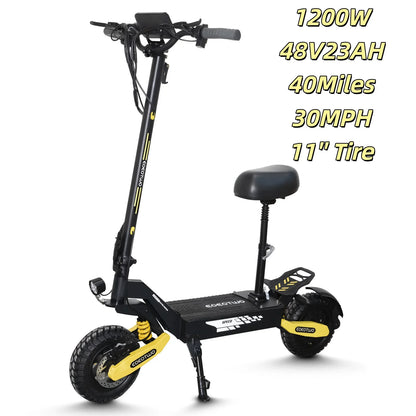 1200W Off Road Electric Scooter for Adults 48V Long Range E-Scooter 30MPH Fast Speed 11" Tubeless Tire Foldable Kick Scooter