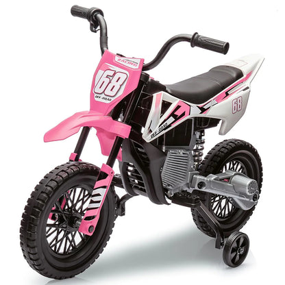 12V Kids Electric Dirt Bike with Training Wheels, Children Ride-on Motorcycle with Twist Grip Throttle,Music,3MPH Max Speed,