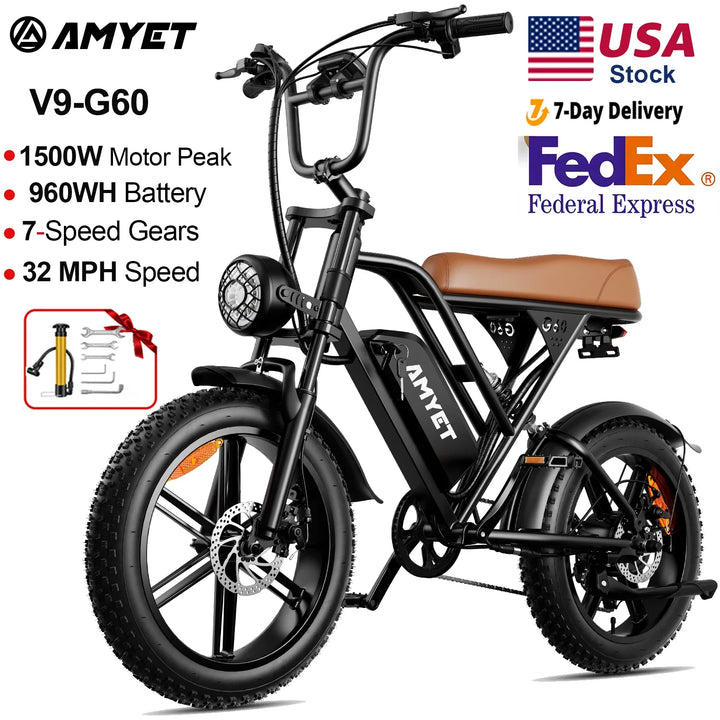AMYET V9-G60 Electric Mountain Bike – 1000W 48V 20" Fat Tire