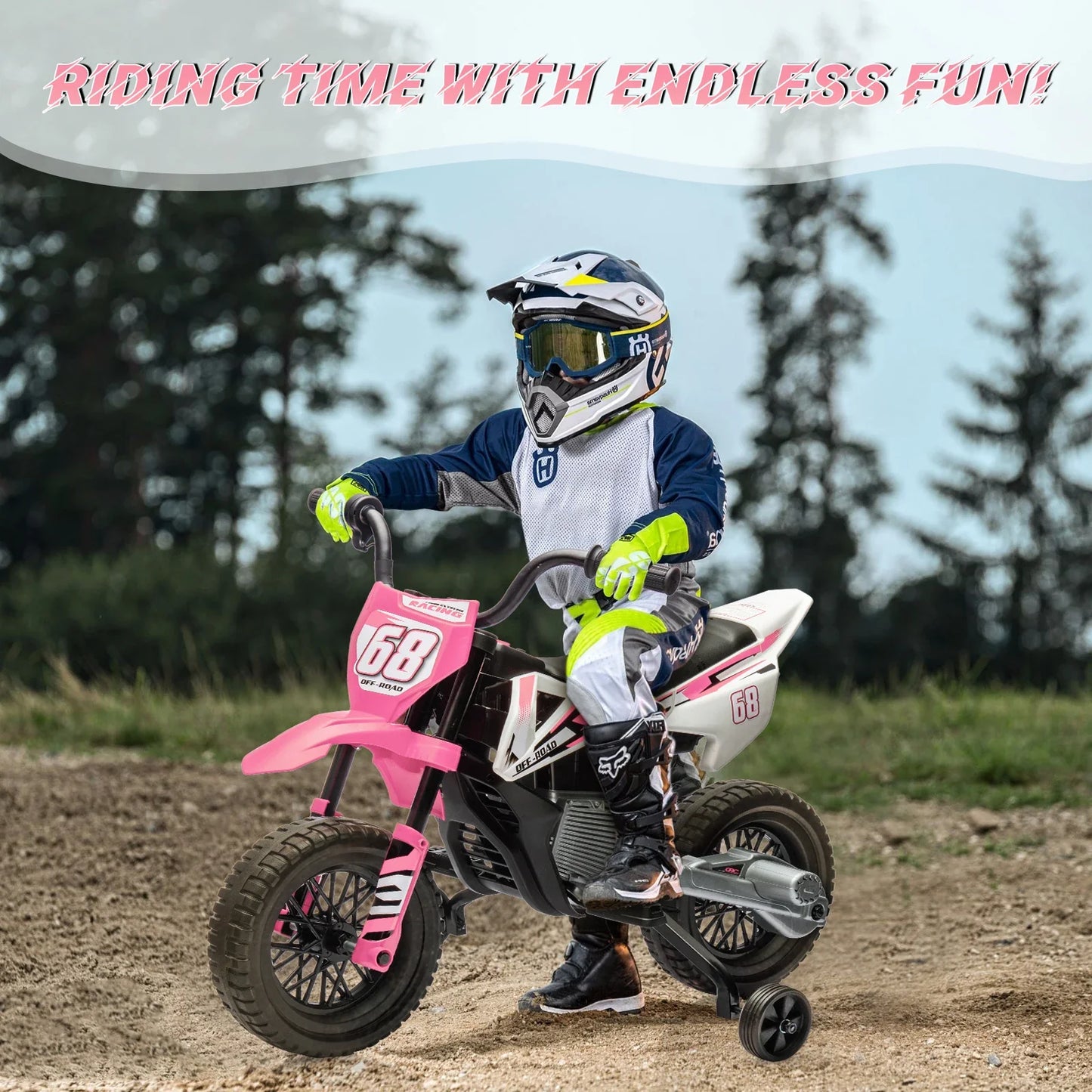 12V Kids Electric Dirt Bike with Training Wheels, Children Ride-on Motorcycle with Twist Grip Throttle,Music,3MPH Max Speed,