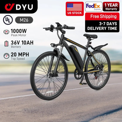 【1 Year Warranty】M26 Electric Bicycle 1000W Peak Motor 360WH Lithium Battery Electric Bike  26 Inch city E-bike UL2849
