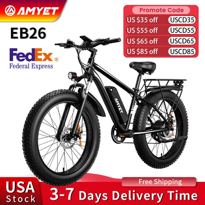 AMYET Electric Bike EB26 Adults Electric Bicycle Peak 1500W 48V 15AH e bike 26" Fat Tire Mountain Bike 31mph  Electric Dirt Bike