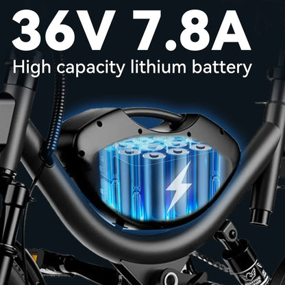 Folding Electric bicycle with lithium battery and carbon steel frame.