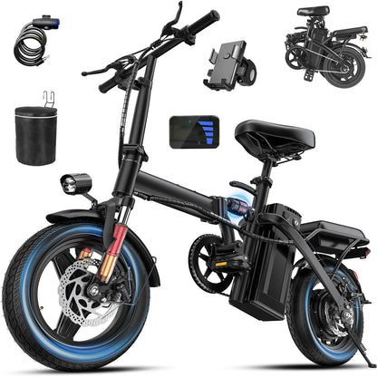 Adult and adolescent folding electric bicycles, 14 inch 500W 24MPH 48V 10Ah battery, 3-level pedal assist, 14 inch foldable mini