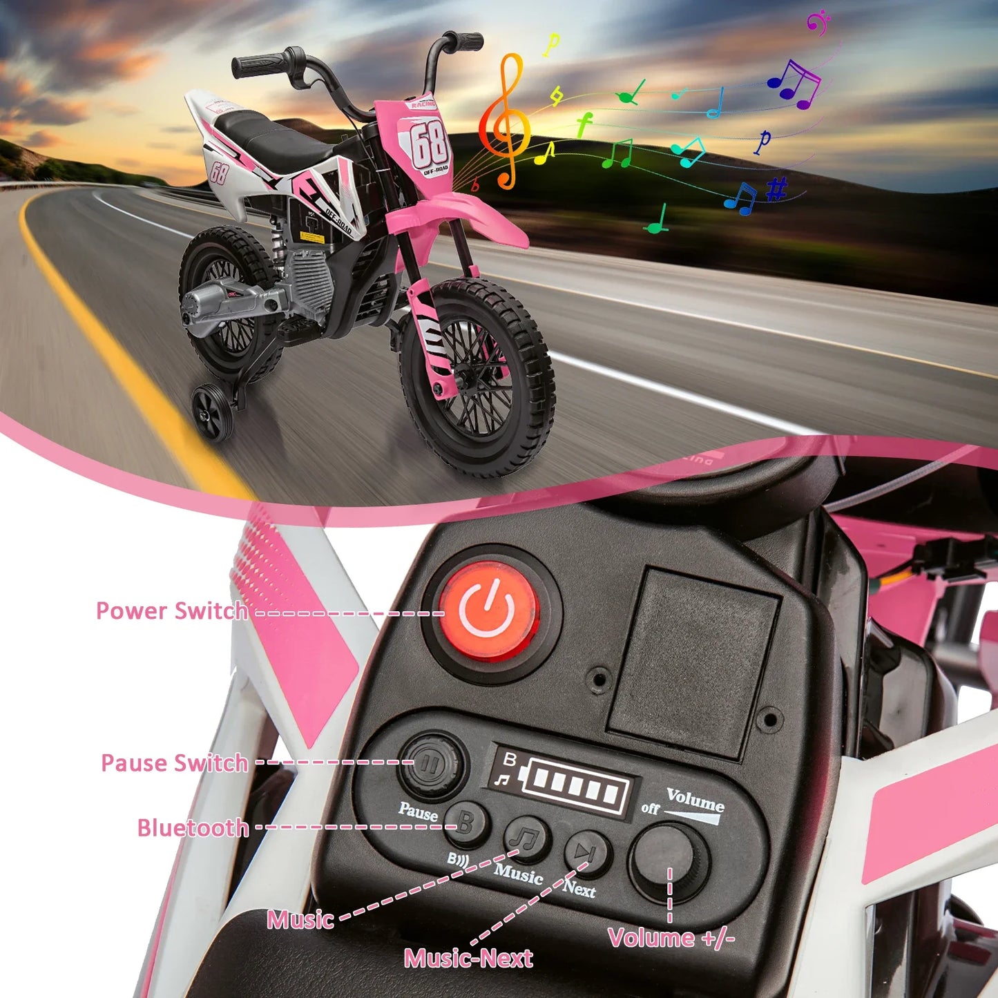 12V Kids Electric Dirt Bike with Training Wheels, Children Ride-on Motorcycle with Twist Grip Throttle,Music,3MPH Max Speed,
