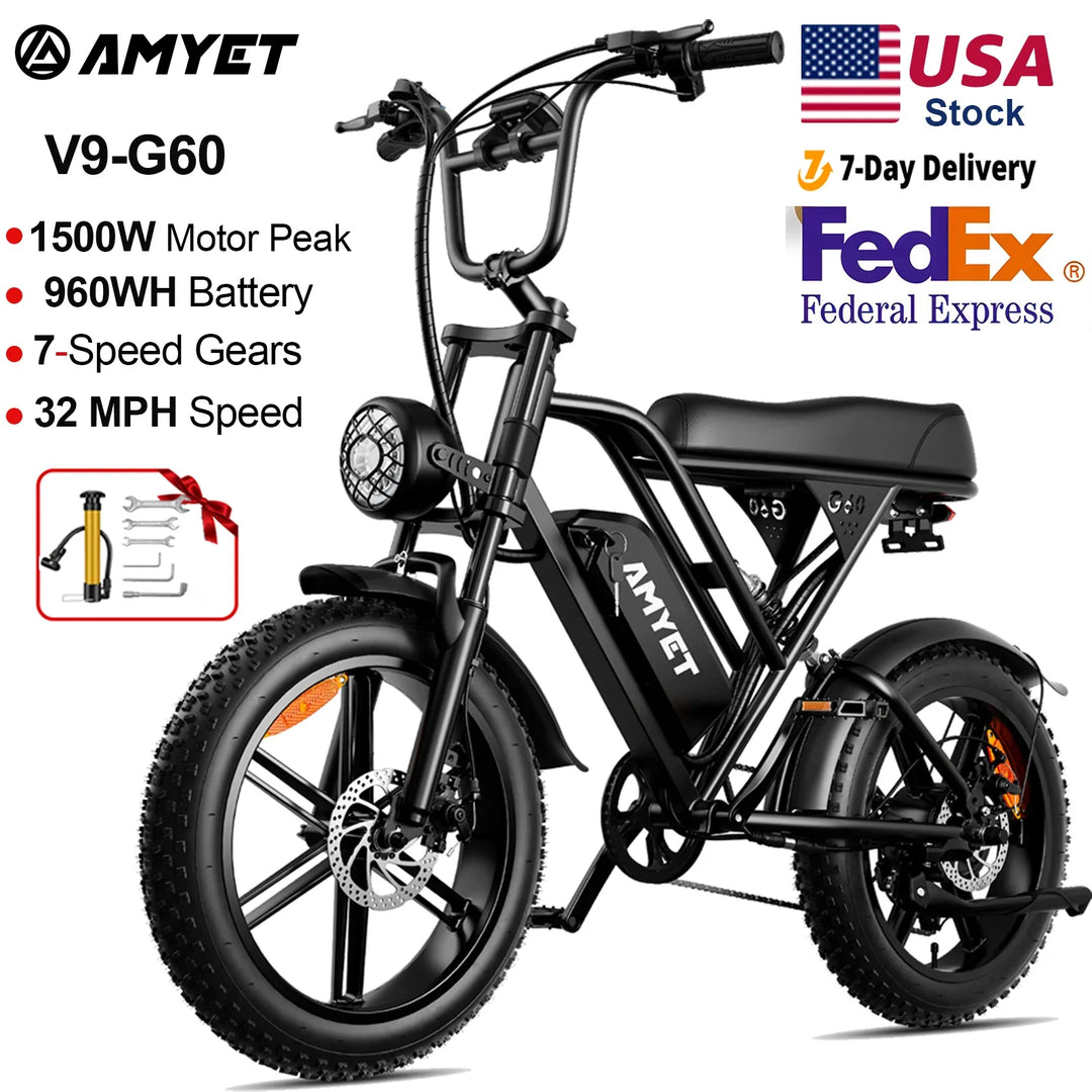 AMYET V9-G60 Electric Mountain Bike – 1000W 48V 20" Fat Tire