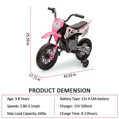 12V Kids Electric Dirt Bike with Training Wheels, Children Ride-on Motorcycle with Twist Grip Throttle,Music,3MPH Max Speed,