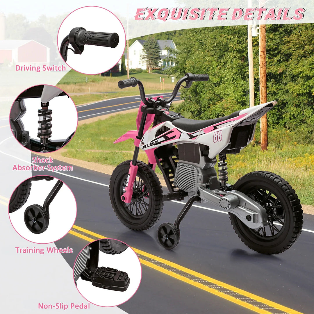 12V Kids Electric Dirt Bike with Training Wheels, Children Ride-on Motorcycle with Twist Grip Throttle,Music,3MPH Max Speed,