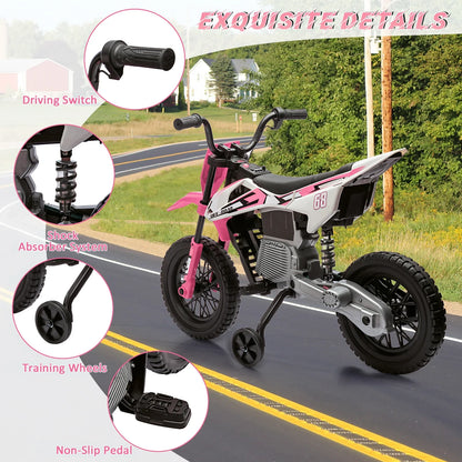 12V Kids Electric Dirt Bike with Training Wheels, Children Ride-on Motorcycle with Twist Grip Throttle,Music,3MPH Max Speed,
