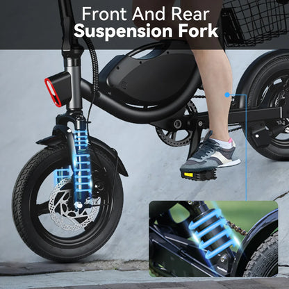 Folding Electric bicycle with lithium battery and carbon steel frame.