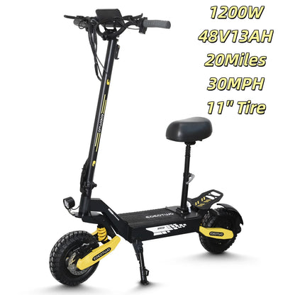 1200W Off Road Electric Scooter for Adults 48V Long Range E-Scooter 30MPH Fast Speed 11" Tubeless Tire Foldable Kick Scooter