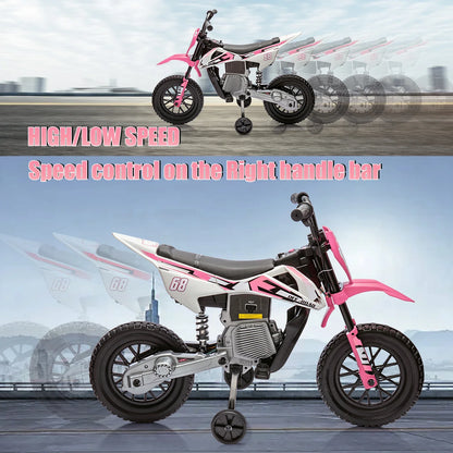 12V Kids Electric Dirt Bike with Training Wheels, Children Ride-on Motorcycle with Twist Grip Throttle,Music,3MPH Max Speed,