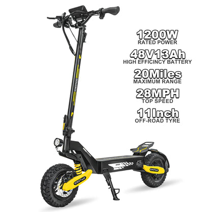 1200W Off Road Electric Scooter for Adults 48V Long Range E-Scooter 30MPH Fast Speed 11" Tubeless Tire Foldable Kick Scooter