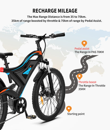26x2.35 Inch E-Bike  48V 500W Rear Motor  15AH Lithium Battery  Front Suspension & Dual Mechanical Disc Brakes