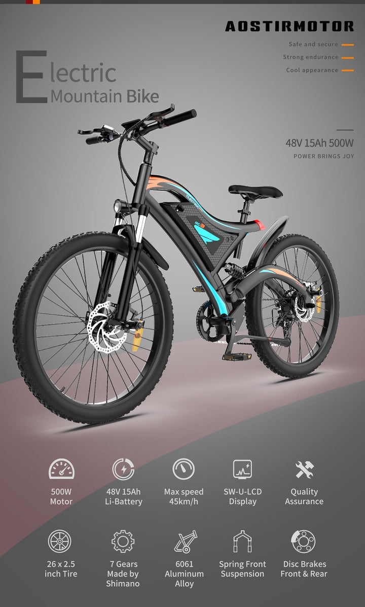 26x2.35 Inch E-Bike  48V 500W Rear Motor  15AH Lithium Battery  Front Suspension &amp; Dual Mechanical Disc Brakes